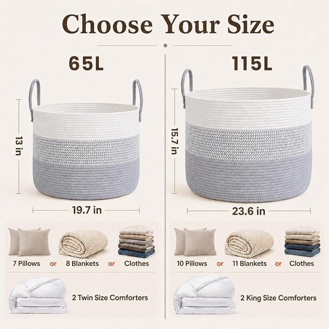 JMvicyroam 65L Extra Large Machine Washable Cotton Rope Blanket Basket | - Image 4