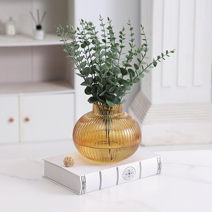 Amber Glass Vase for Tulips, Ribbed Glass Vase for Flowers, Round Flower Vases - Image 4