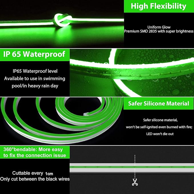 Lamomo LED Neon Lights, 16.4ft Green LED Strip Light, 12V 0.39In/Cut Silicone - Image 3