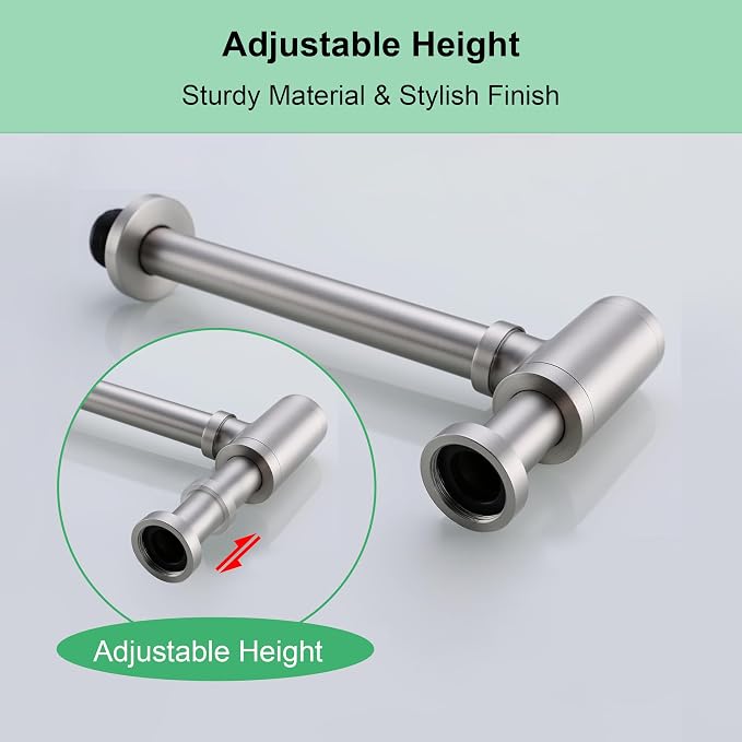 Brushed Nickel Round Bottle P-Trap 1 1/4 Adjustable, Bathroom Sink Waste Drain - Image 4