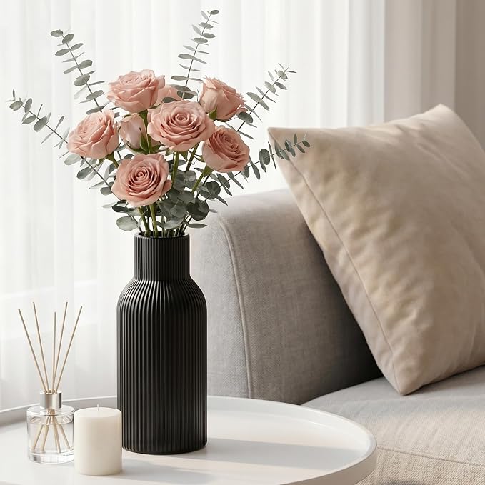 Black Ceramic Tall Vase, Modern Smooth Vertical Ribbed, Nordic Minimalist - Image 3