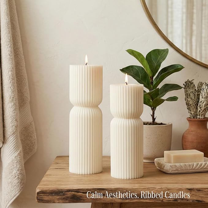 Aesthetic Sandalwood Scented Candles, Ribbed Pillar Candle Set of 2, Natural - Image 6