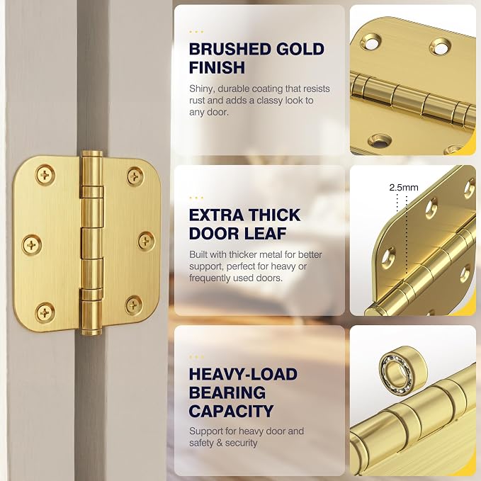 KOLET Ball Bearing Door Hinges, 3.5 Inches, 5/8" Radius Brushed Gold, 3 Pack | - Image 6