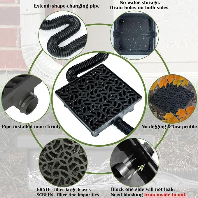12x12in Gutter Downspout Extensions Big Kit | Catch Basin+2pcs Pipes, Low - Image 2