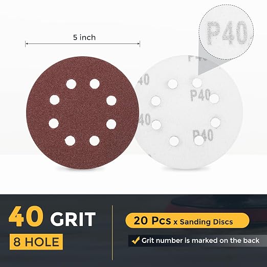 HARFINGTON 20 Pcs 5 Inch Sanding Discs 40 Grit Red Aluminum Oxide 8 Hole | Hook - Image 2