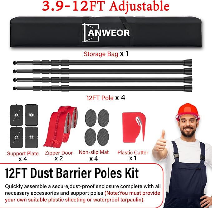 12FT Dust Barrier Poles Kit, Spring Retractable Zipper Wall Poles - Image 5