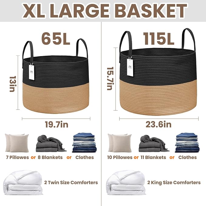 JMvicyroam 115L Extra Large Machine Washable Cotton Rope Blanket Basket | - Image 2