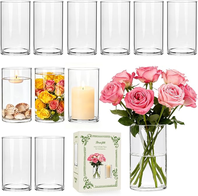 12pcs Thick Glass Cylinder Vase, 6 Inch Clear Glass Flower Vases | Floating by Brajttt