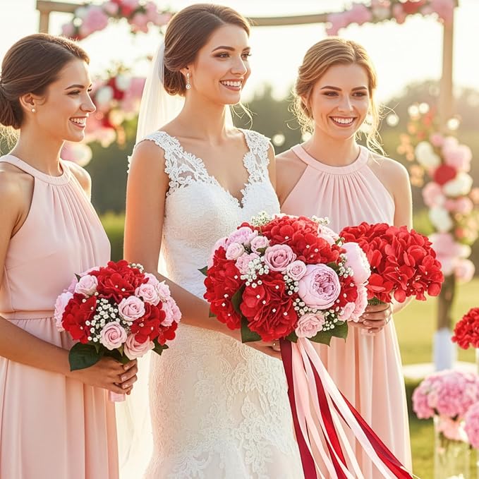 Auihiay 64Pcs Red Hydrangea Artificial Flowers, Fake Hydrangea Flowers | - Image 2