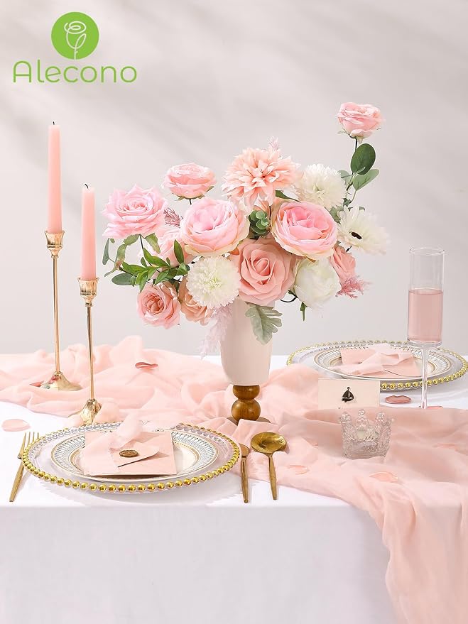 Alecono Light Pink Artificial Flowers, Silk Fake Roses Floral Set | - Image 3
