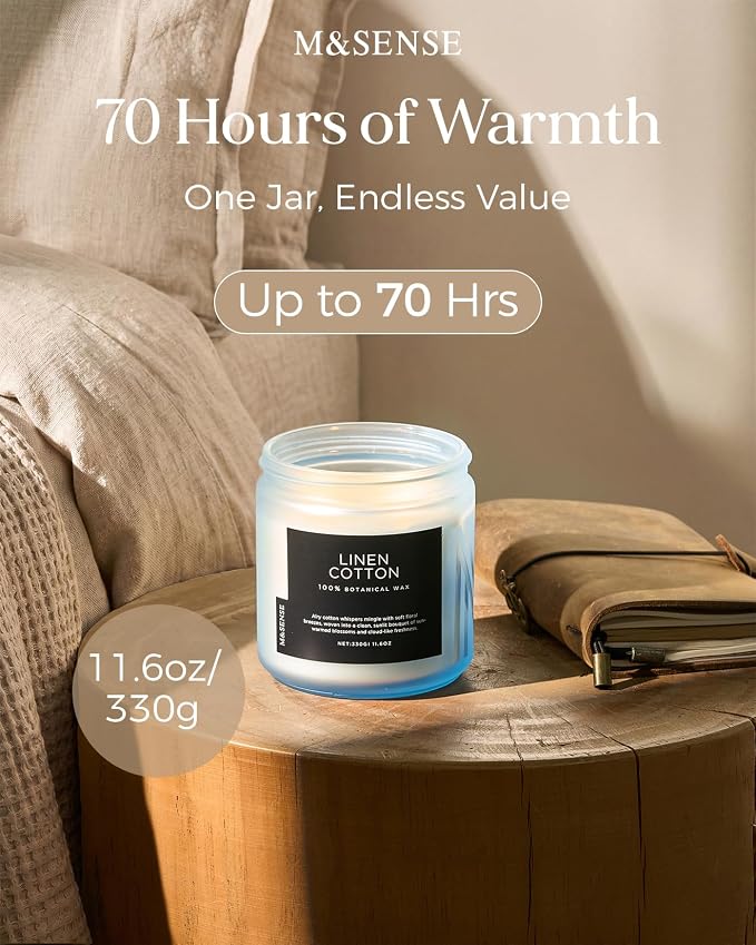 M&SENSE Fresh & Linen Cotton Scented Candles, 11.6oz Natural Soy Wax | 70-Hour - Image 3