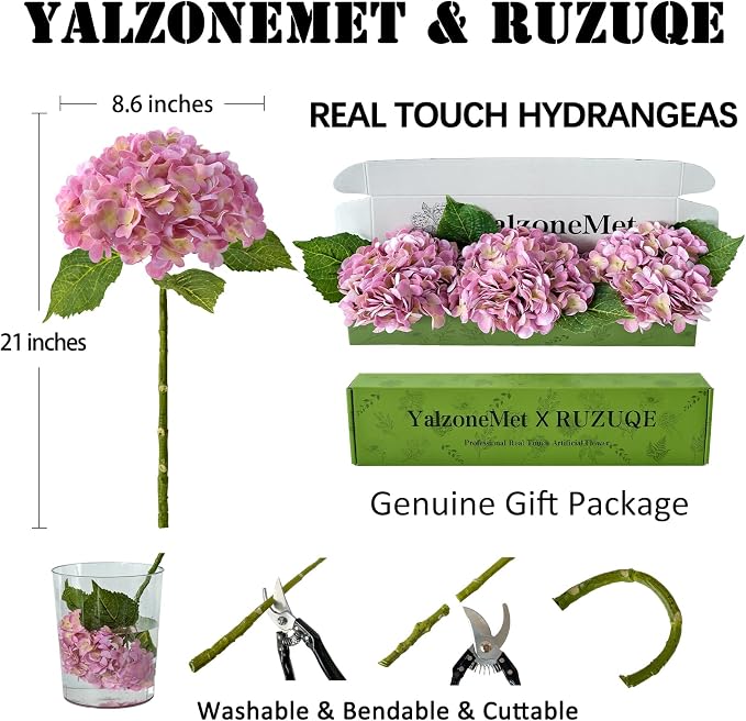 YalzoneMet 3 PCS Yellow/Pink Hydrangea Artificial Flowers 21'' Real Touch Faux - Image 4
