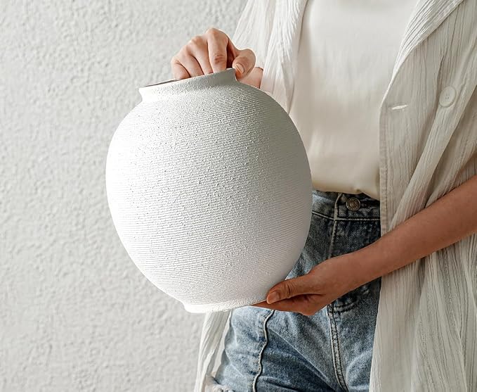 White Ceramic Vase, 9.8" Large, Sandstone White | Farmhouse Style, Hand-Made - Image 2