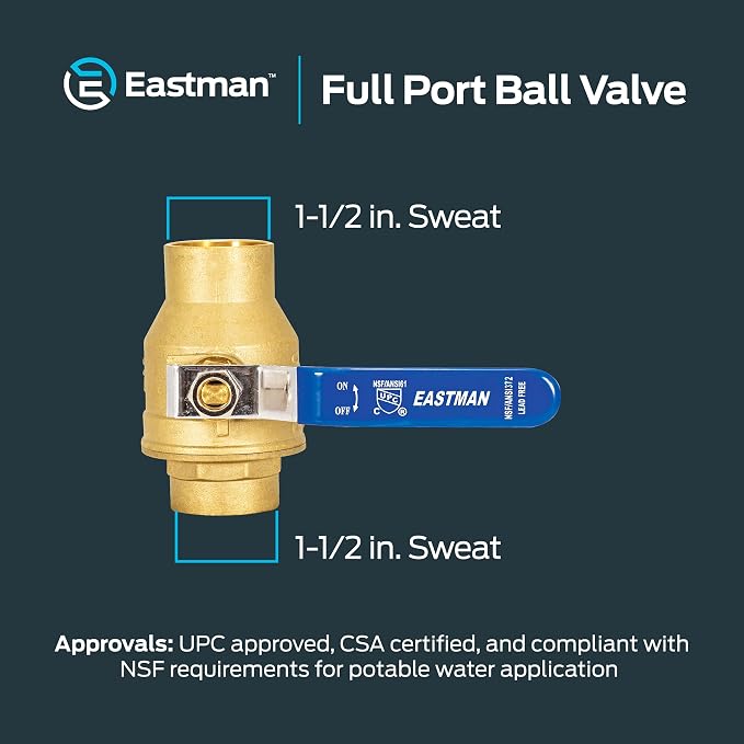 Eastman Heavy Duty Full Port Brass Ball Valve, 1-1/2 in Sweat x 1-1/2 in Sweat - Image 6