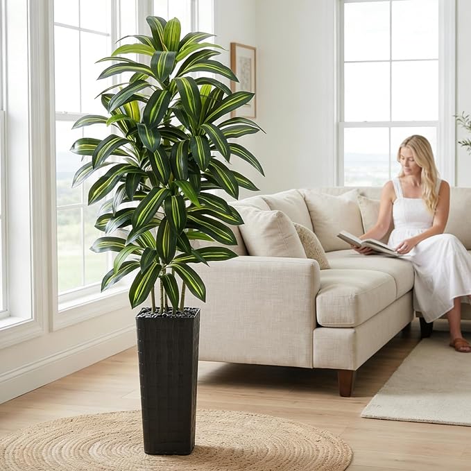 Artificial Dracaena Tree: 7FT Fake Plants Silk Faux Trees（Black Pot） | - Image 6