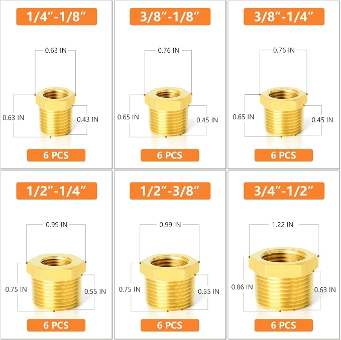GASHER 36PCS Brass Hex Bushing Fitting Kit Hex Bushing 1/4" - Image 2