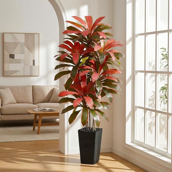 Artificial Dracaena Tree: 6FT Fake Plants Silk Faux Trees（Black Pot） | - Image 7