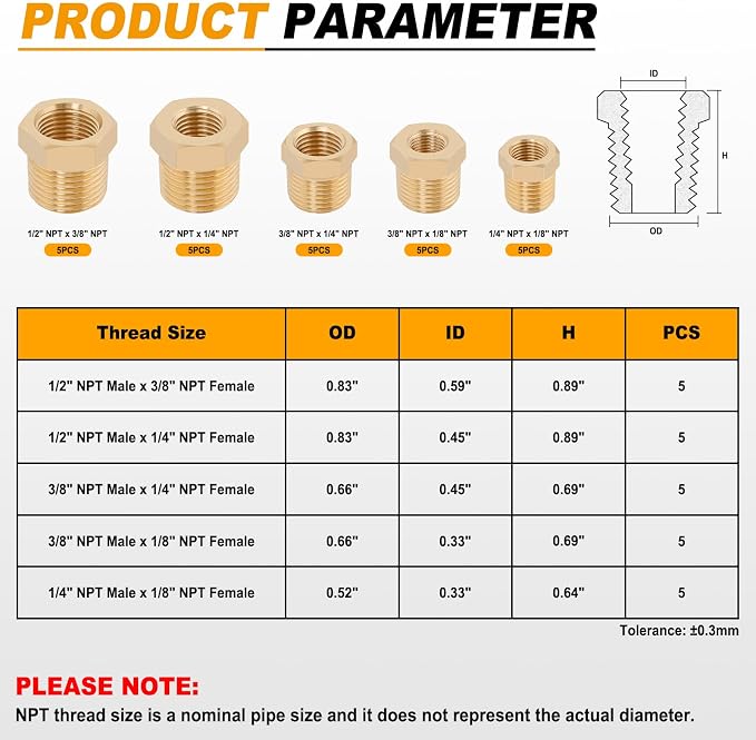 KOOTANS 25PCS Brass Hex Bushing Kit Brass Fittings Assortment 1/4" to 1/8" - Image 3