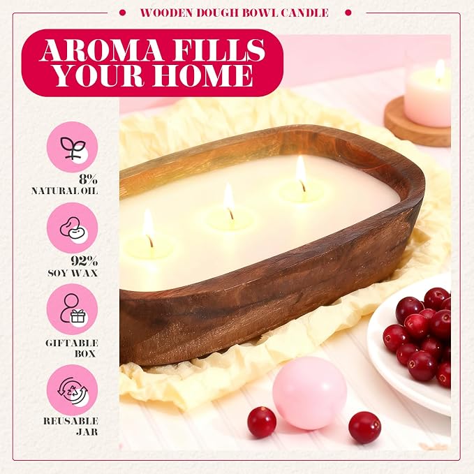 Threlaco 1 Pack 10 Inch Wood Dough Bowl Candles Home Rustic Dough Bowl Soy - Image 4