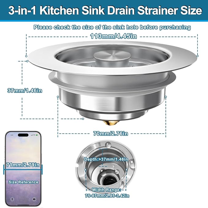 Kitchen Sink Drain Strainer for 3-1/2 Inch Drain Hole, 3-in-1 304 Stainless - Image 7