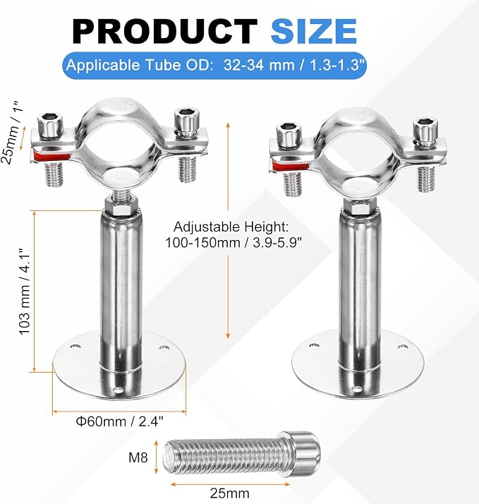 HARFINGTON 2 Set Wall Mount Ceiling Mount Pipe Supports 304 Stainless Steel - Image 2