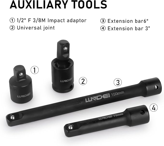 3/8" Drive Impact Socket Set 48Pcs, SAE and Metric | SAE and Metric, Extension - Image 6