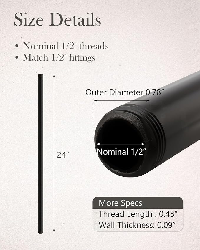 10 Pack 1/2 x 24 Inch Black Pipe Malleable Steel Nipples Fitting | DIY - Image 3