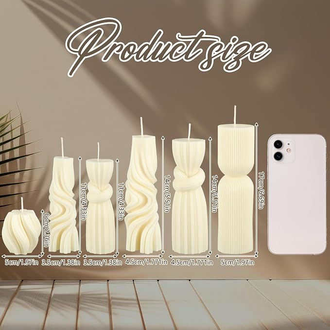Threlaco 6 Pcs Ribbed Pillar Candles, 2.36-6.89 Inch Heights, Modern Spiral - Image 2