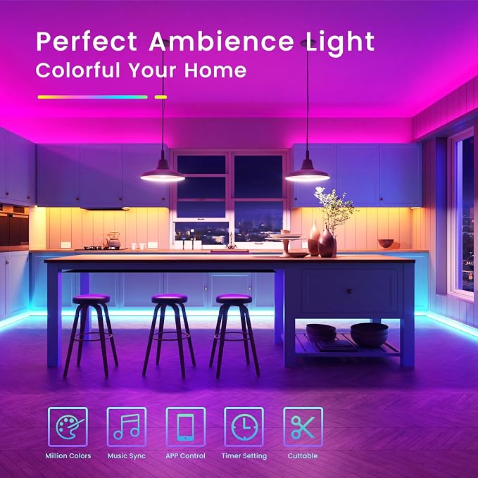 TJOY 50ft Bluetooth LED Strip Lights, Music Sync 5050 LED Light Strip RGB Color - Image 2