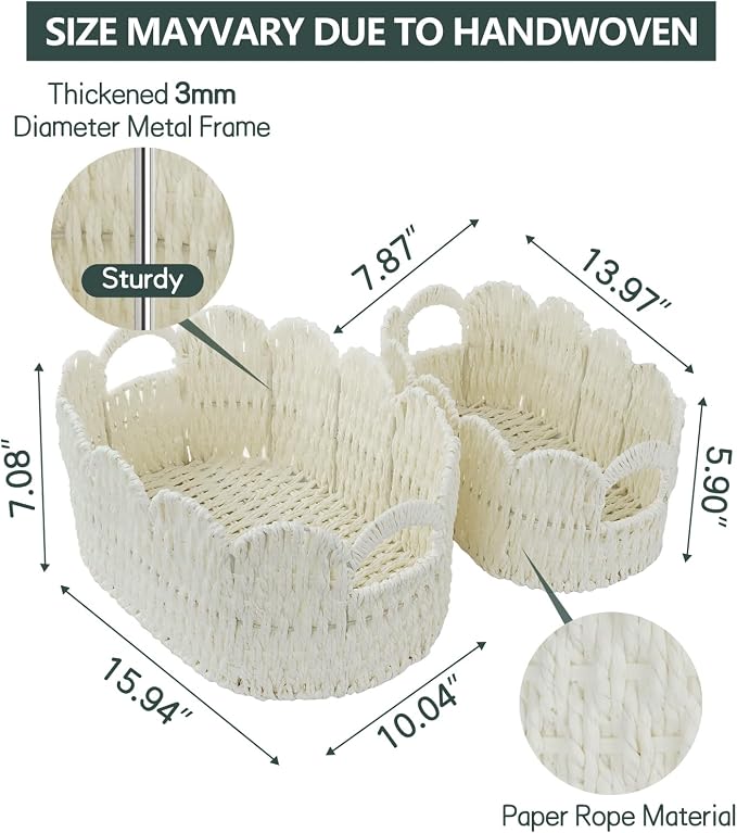 Coeusy Paper Rope Scalloped Basket Set of 2, Hand-woven Storage Baskets - Image 6