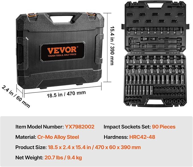VEVOR Impact Socket Set 3/8" Drive, SAE 1/4"-3/4" Metric 6-19mm, - Image 7