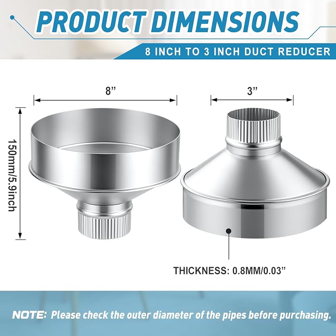 1 Pcs 8 Inch to 3 Inch Duct Reducer Increaser Galvanized Steel Air Duct Adapter - Image 2