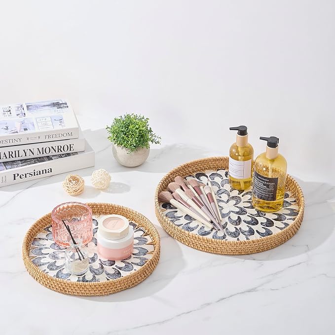 Round Rattan Tray with Mother of Pearl Inlay, Rattan Serving Tray with Wooden - Image 3