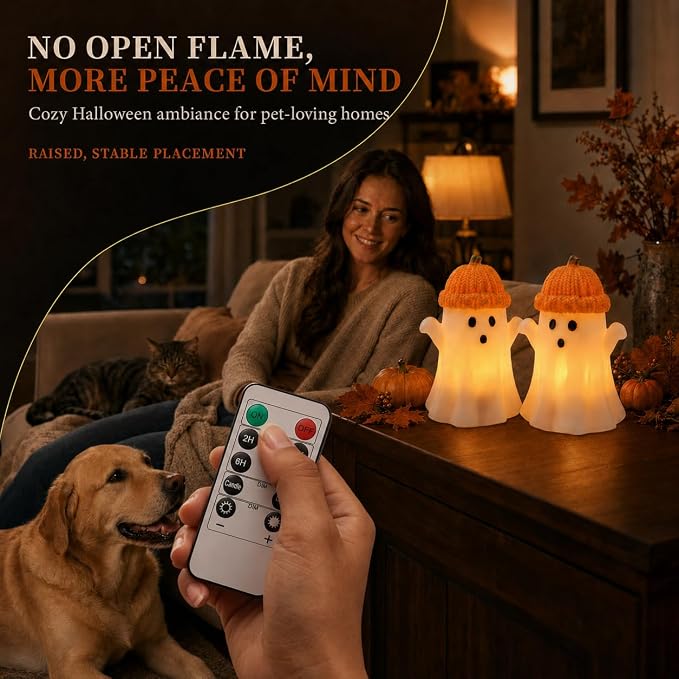 Enido Ghost with Pumpkin Hat Flameless Candles with Remote, Battery Operated - Image 7