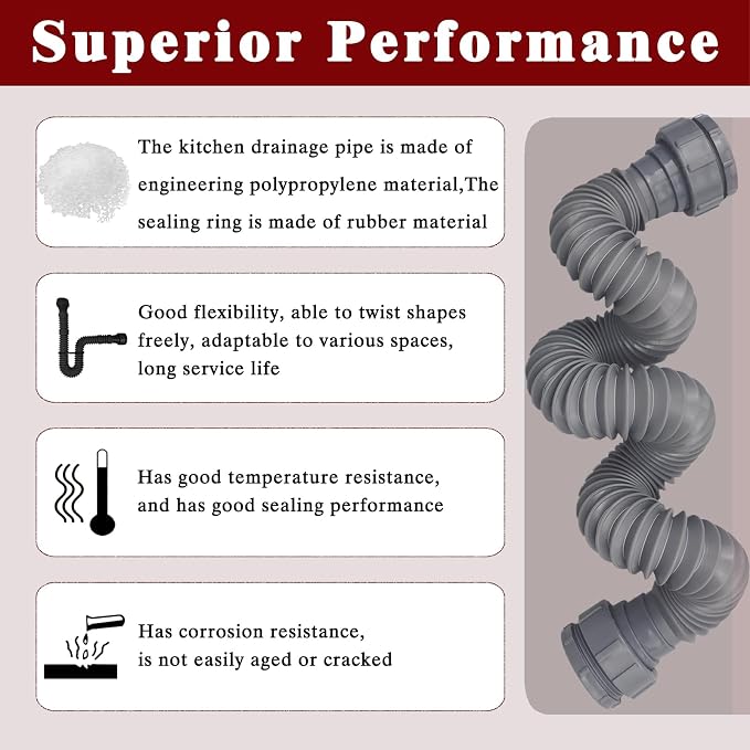 1-1/2 Inch Flexible Sink Drain Pipe, Scalable 13-33.5 Inch P Trap Pipe - Image 5