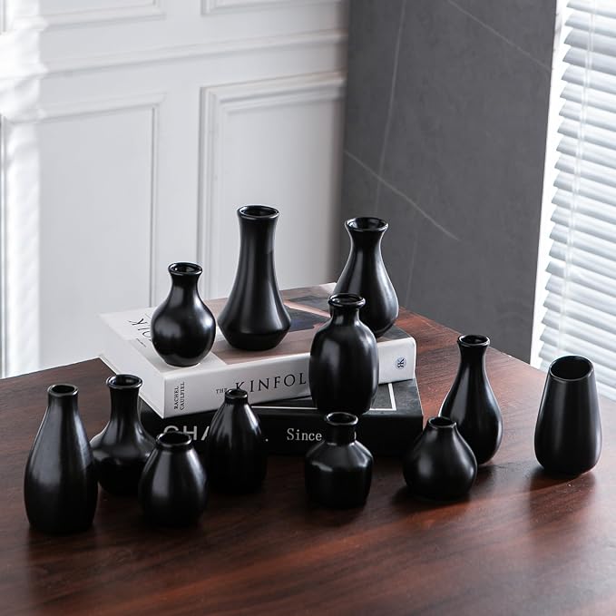 Black Ceramic Bud Vase Set of 12 Glossy Modern Flower Vases | Elegant mini - Image 2