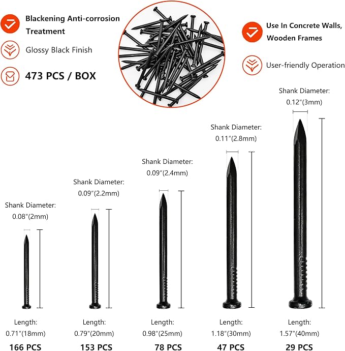 473 Pcs Black Concrete Nails Assortment Kit, 5 Sizes from 2/3 Inch to 1-1/2 Inch - Image 2