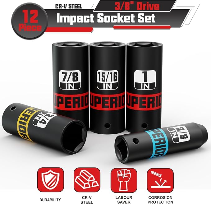 12 Piece 3/8" Drive Impact Socket Set, 5/16"- 1" Deep Socket, 6 Point, - Image 4