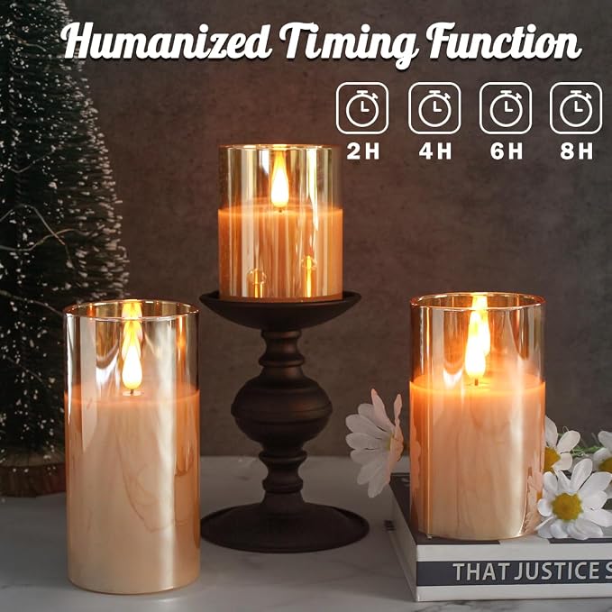 LEDHOLYT Rechargeable Gold Glass Flameless Candles, Flashing LED Pillar Real - Image 2