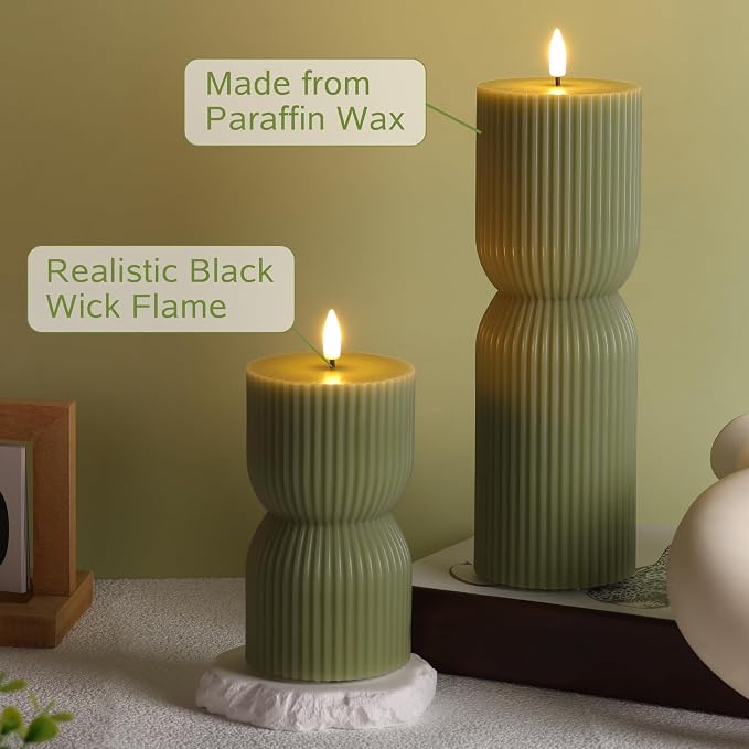 Olive Green Ribbed Flameless Pillar Candles - Image 6