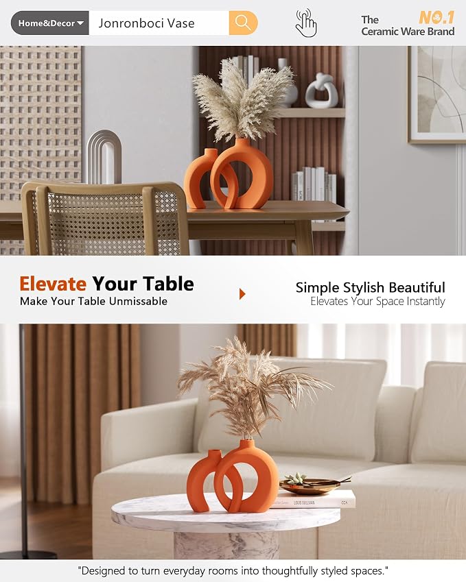 Set of 2 Orange Ceramic Vases for Home Decor Accents - Image 7
