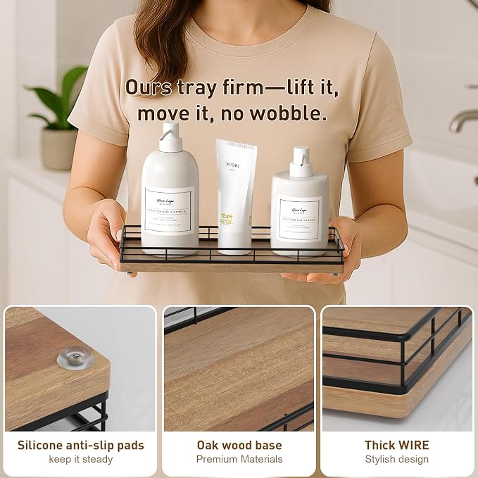 Bathroom Tray for Counter Top Organizer, Acacia Wood Vanity Tray | Metal Frame - Image 5