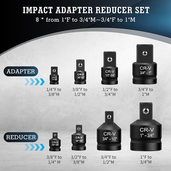8PCS Impact Socket Adapter and Reducer Set, 1/4" 3/8" 1/2" 3/4" 1" Inch Square - Image 2