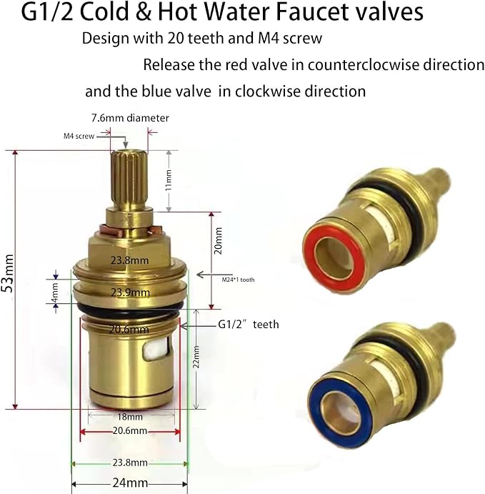 Faucet Valves, Brass Ceramic Stem Disc Cartridge Replacement Quarter Turn 1/2" - Image 3