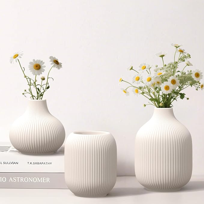 White Small Ceramic Vases Set of 3, Matte Vertical Ribbed, Minimalist - Image 4
