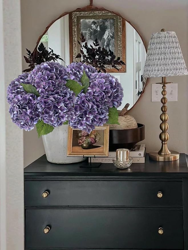 YalzoneMet 3 PCS Dark/Black Purple Hydrangea Artificial Flowers 21'' Real Touch - Image 5