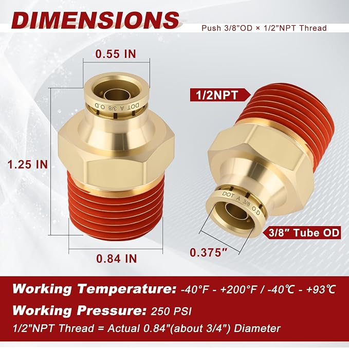 DOT Approved Male Straight Brass Union 3/8" Tube x 1/2" NPT, Quick Connect Union - Image 5
