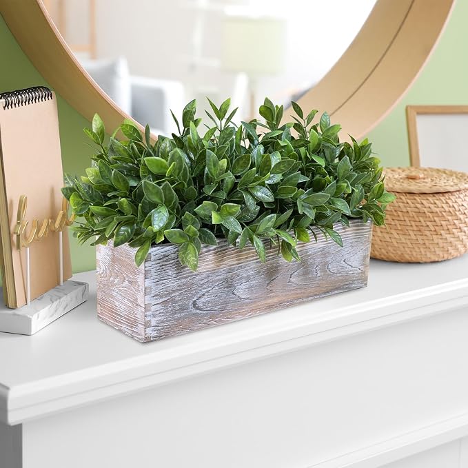 Winlyn 14" Faux Boxwood Plant in Rectangular Wood Planter Box Rustic Greenery - Image 4