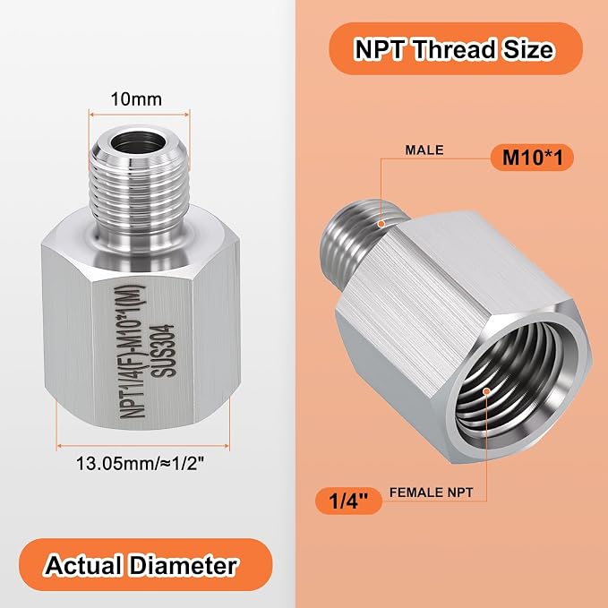 1 Pack 304 Stainless Steel Male to FeMale Adapter, M10*1 Male x 1/4" FeMale NPT - Image 2