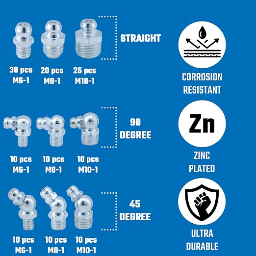 NEIKO 50467A Grease Fitting Assortment, 135 Piece, Straight & Angled Zerk - Image 3